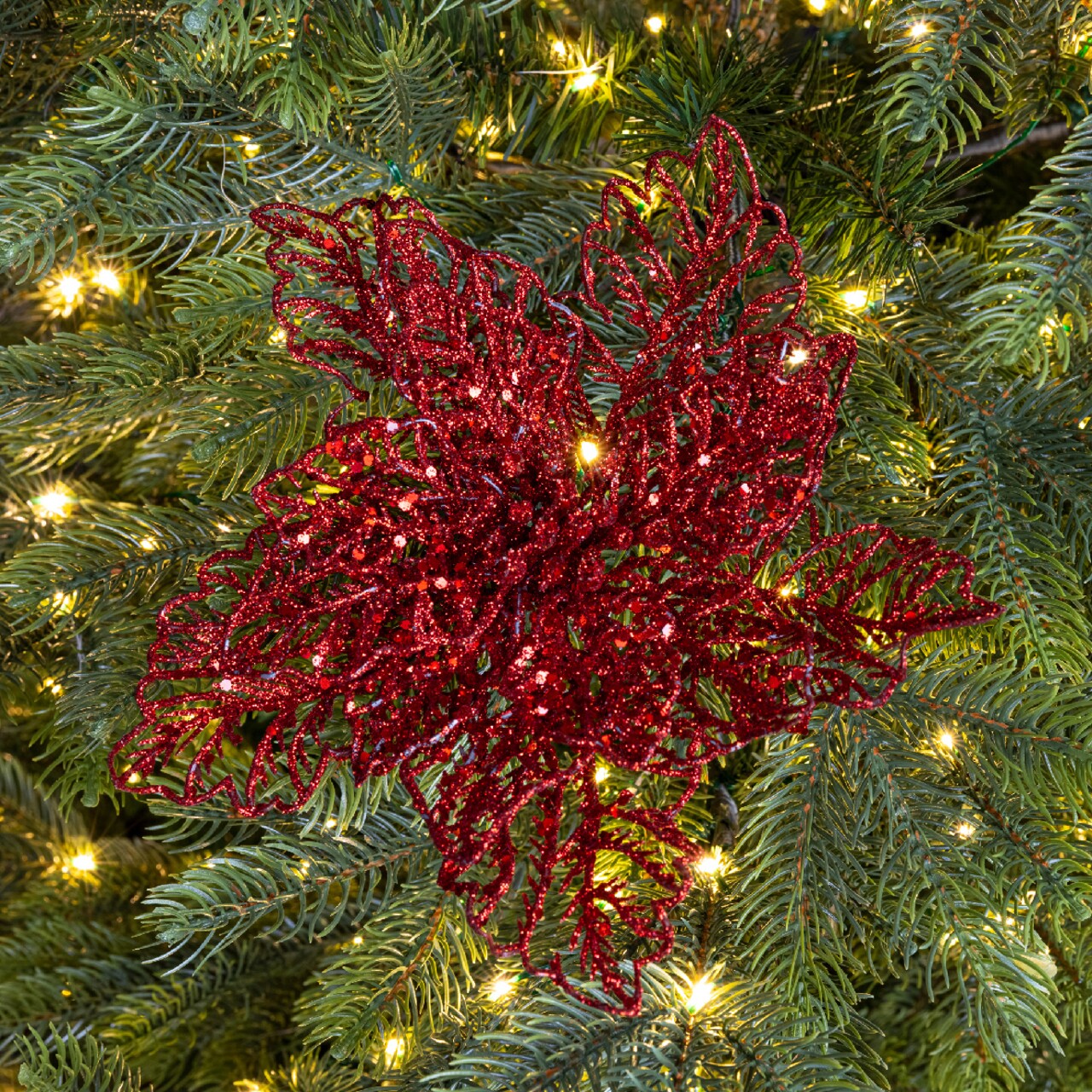 Decoratiune Poinsettia w glitter, Decoris, 23.5x10 cm, plastic, rosu - imagine 6